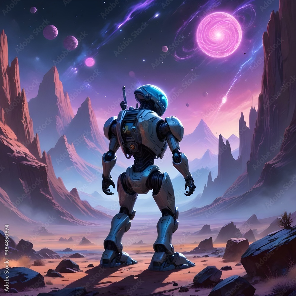 Naklejka premium Futuristic Robot Soldier Alien Technology Surreal Science Fiction Fantasy Cosmic Warfare