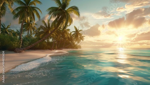 Tropical beach sunset with palm trees and calm ocean