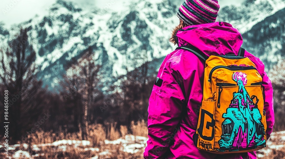 Fototapeta premium Backpack with a Bold Design on a Snowy Mountainside, Backpack, Mountainside, Snow