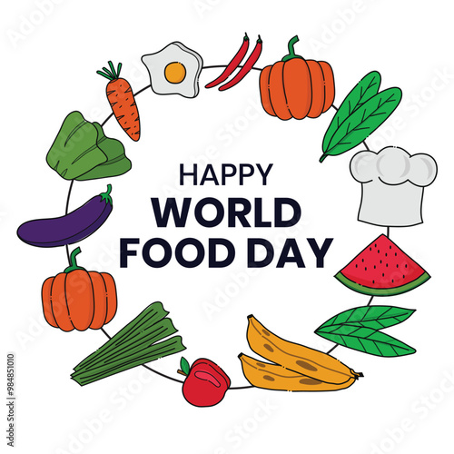 Happy world food day  lettering  with hand drawn foods , fruits and vegetable social media post