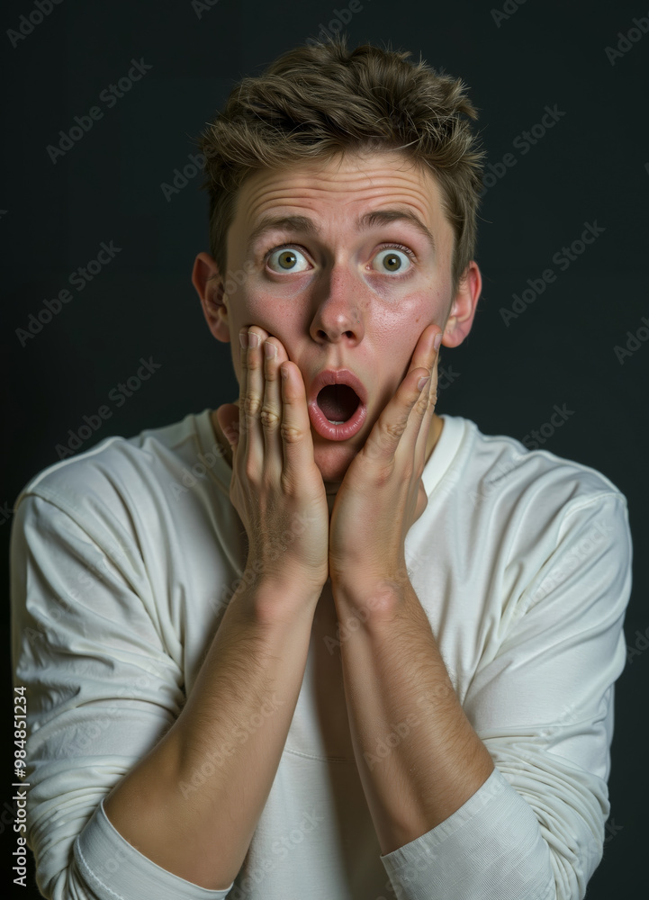 A man with a surprised look on his face covering his mouth with his hands A man with a surprised look on his face covering his mouth with his hands