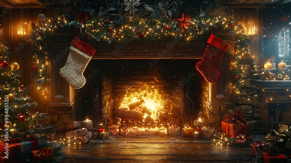 A roaring fireplace with glowing embers, surrounded by holiday garlands, twinkling lights, and stockings hung with care. A roaring fireplace with glowing embers, surrounded by holiday garlands, twinkling lights, and stockings hung with care.