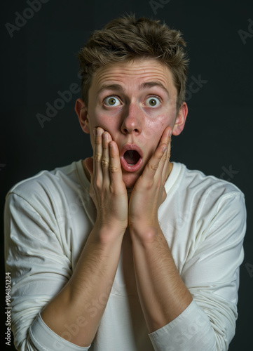 A man with a surprised look on his face covering his mouth with his hands