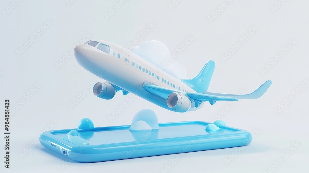 Fototapeta premium White cartoon airplane taking off from a smartphone.