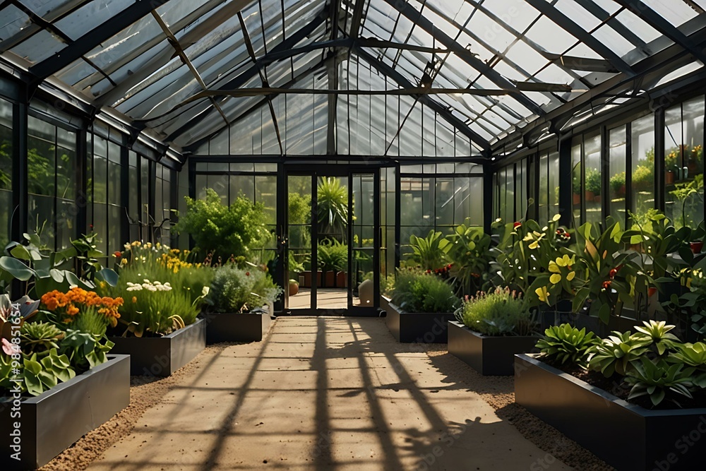 Modern greenhouse with a lush garden design. Modern greenhouse with a lush garden design.