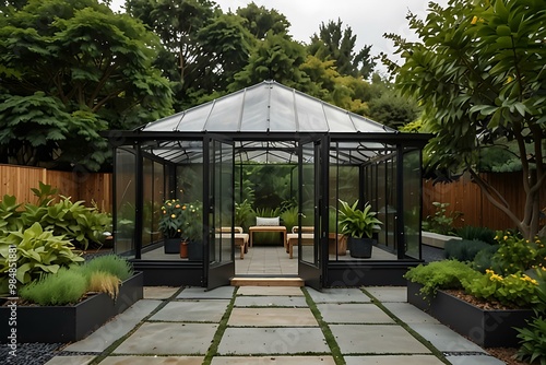 Modern greenhouse with a lush garden design.