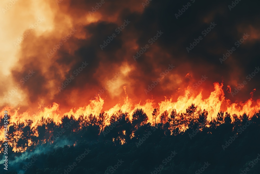 Intense wildfire burning through forest trees with heavy smoke and flames, illustrating the destructive power of nature and fire danger. Intense wildfire burning through forest trees with heavy smoke and flames, illustrating the destructive power of nature and fire danger.