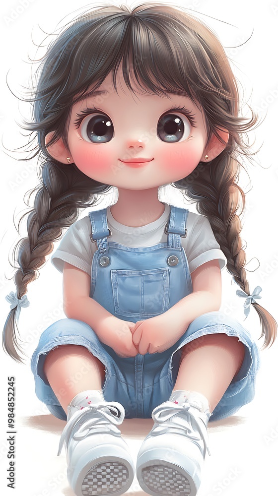 Cute Cartoon Baby Girl with Big Eyes Sitting on White Background Cute Cartoon Baby Girl with Big Eyes Sitting on White Background