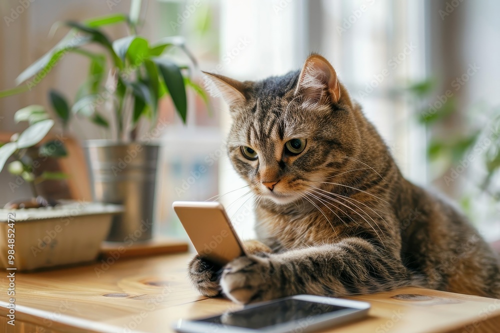 A cat sits in an office and stares at a smartphone screen A cat sits in an office and stares at a smartphone screen