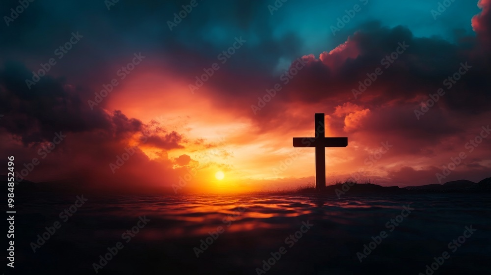 A silhouette of a cross stands tall against a vibrant sunset, symbolizing faith, hope, and the journey towards spiritual peace. A silhouette of a cross stands tall against a vibrant sunset, symbolizing faith, hope, and the journey towards spiritual peace.