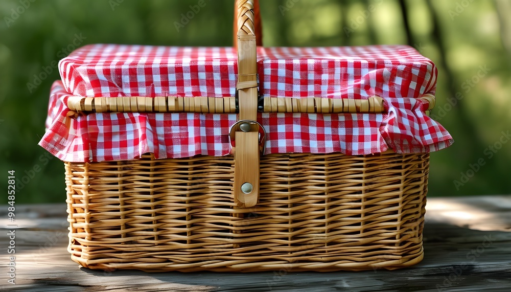 Charming wicker picnic basket topped with a red and white checkered ...