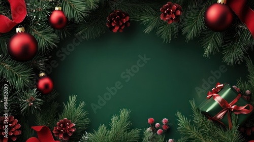 Merry Christmas ornament plant gift green plain background border arrangement