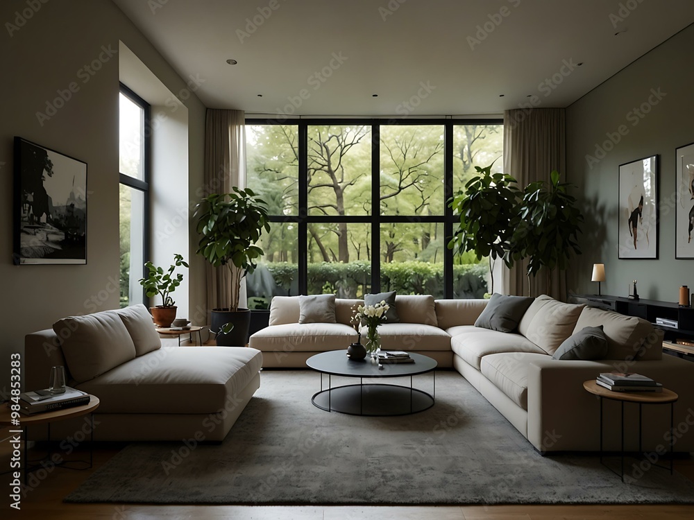 Modern living room with a cozy atmosphere and greenery. Modern living room with a cozy atmosphere and greenery.