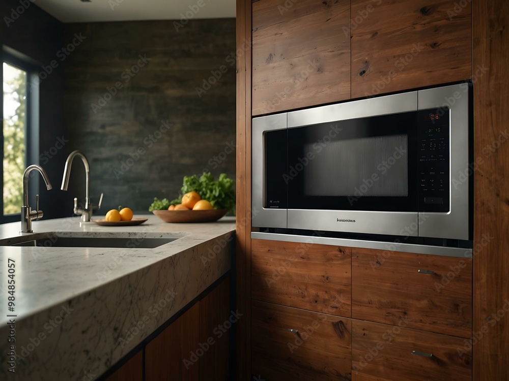 Modern microwave in a house kitchen, ad image. Modern microwave in a house kitchen, ad image.