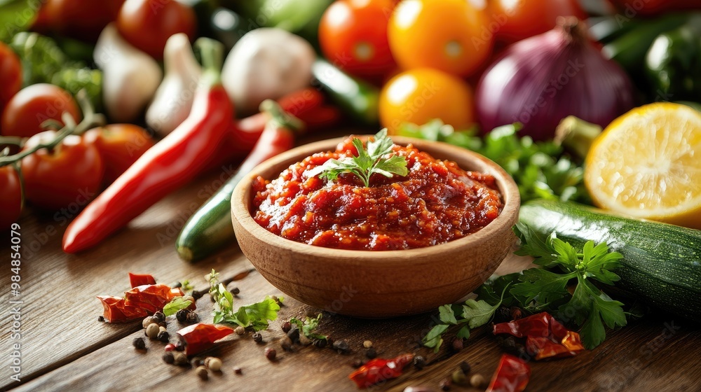 A high-definition image of a rustic wooden table set with a bowl of homemade chili paste and an assortment of fresh vegetables for a healthy, flavorful meal. A high-definition image of a rustic wooden table set with a bowl of homemade chili paste and an assortment of fresh vegetables for a healthy, flavorful meal.