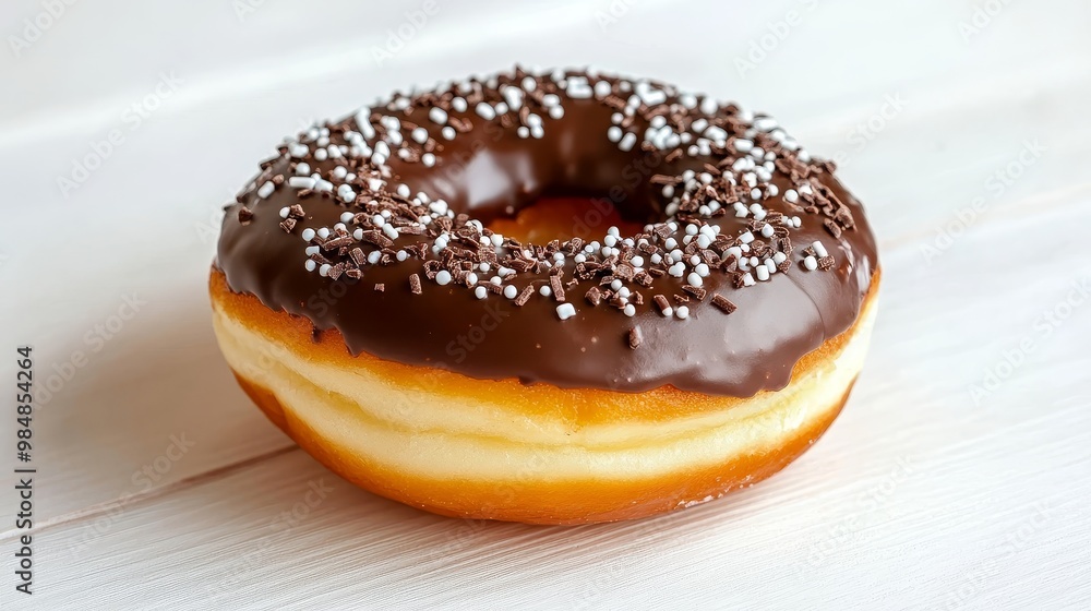 A close-up of a freshly baked chocolate donut adorned with white and chocolate sprinkles, ready to satisfy your sweet cravings. Indulge in the deliciousness of a classic treat, perfect for any occasio A close-up of a freshly baked chocolate donut adorned with white and chocolate sprinkles, ready to satisfy your sweet cravings. Indulge in the deliciousness of a classic treat, perfect for any occasio