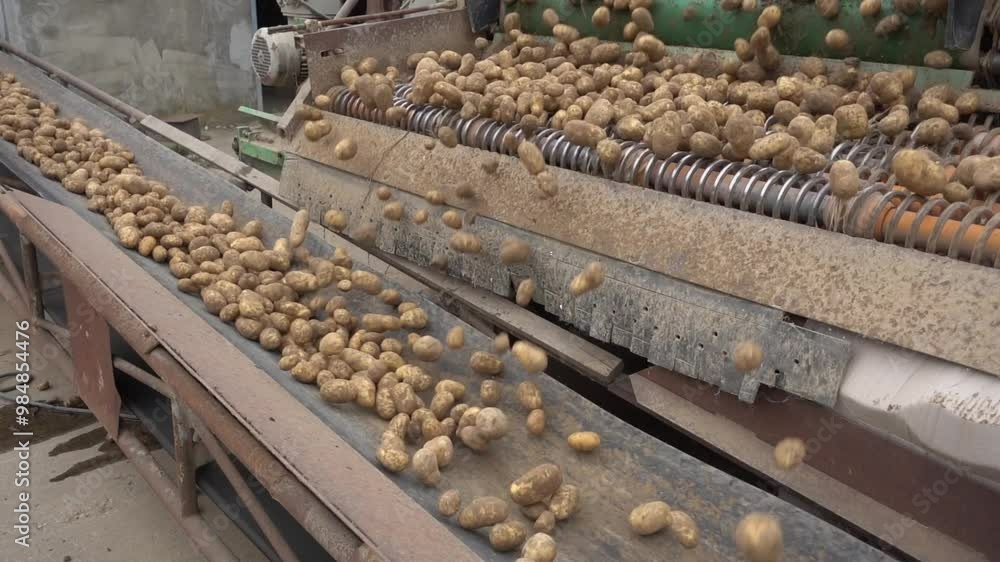 Kartoffelaussortierer und Enterder bei der Arbeit. Kartoffel Ernte im Herbst Kartoffelaussortierer und Enterder bei der Arbeit. Kartoffel Ernte im Herbst
