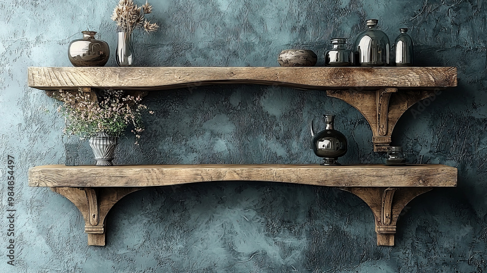 Rustic wooden shelves with decorative vases and dried flowers against a textured blue wall. Rustic wooden shelves with decorative vases and dried flowers against a textured blue wall.