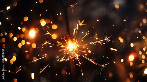 Sparkling fire on a black background with golden bokeh photo