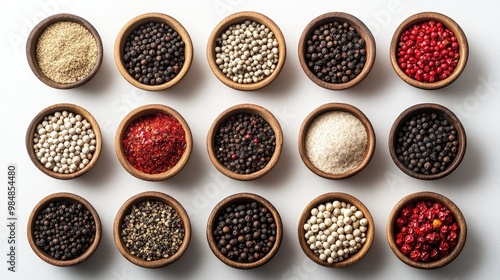 A high-definition image of a variety of ground pepper spices, including black, white, and red pepper, neatly arranged in small bowls against a clean background.