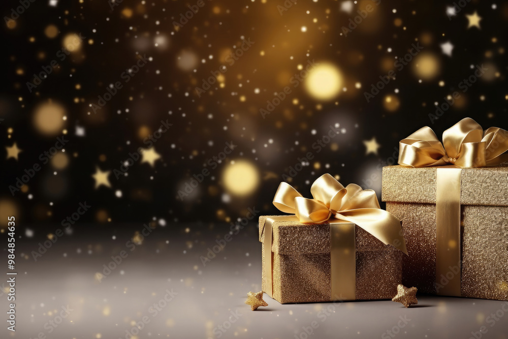 Golden christmas presents with ribbons are on a sparkling background with copy space. Ready for product montage. Christmas card Golden christmas presents with ribbons are on a sparkling background with copy space. Ready for product montage. Christmas card