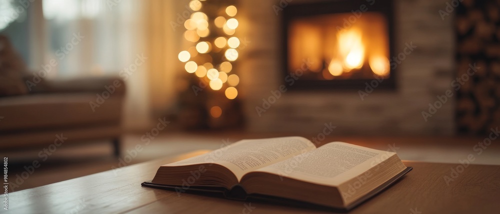A book is open on a table next to a fireplace A book is open on a table next to a fireplace