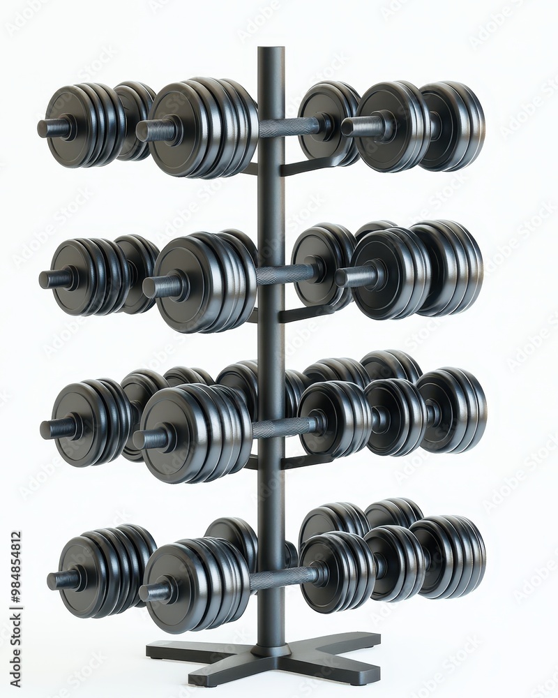 A sturdy black dumbbell rack displayed with various weights, ideal for fitness enthusiasts and gym settings, white background A sturdy black dumbbell rack displayed with various weights, ideal for fitness enthusiasts and gym settings, white background