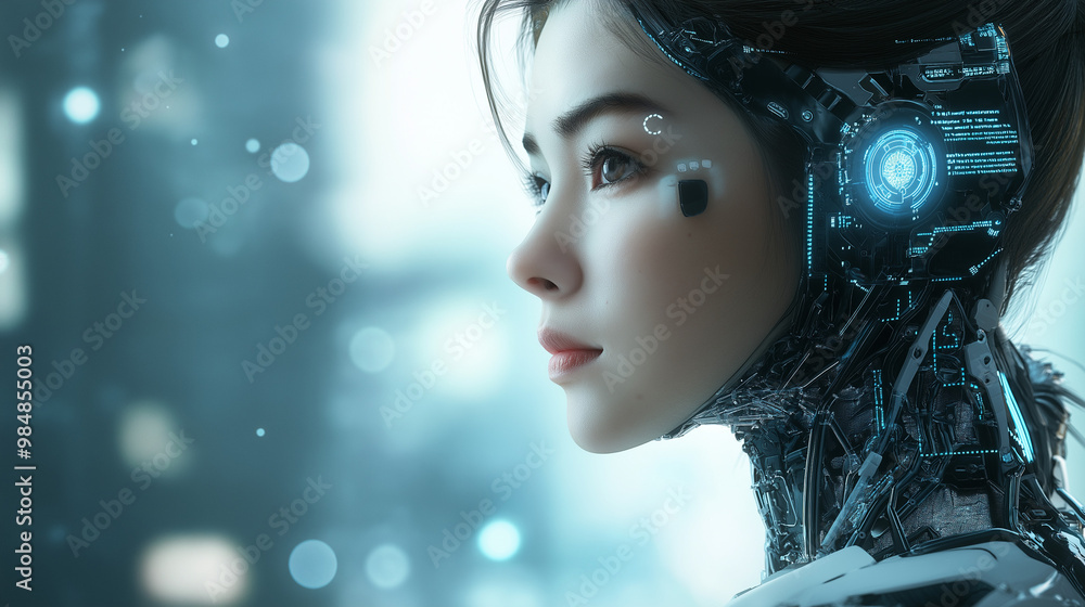 Beautiful woman, half robot with long hair and cybernetic details on her head and neck. In the background, there is an AI network connection in dark blue tones. Beautiful woman, half robot with long hair and cybernetic details on her head and neck. In the background, there is an AI network connection in dark blue tones.