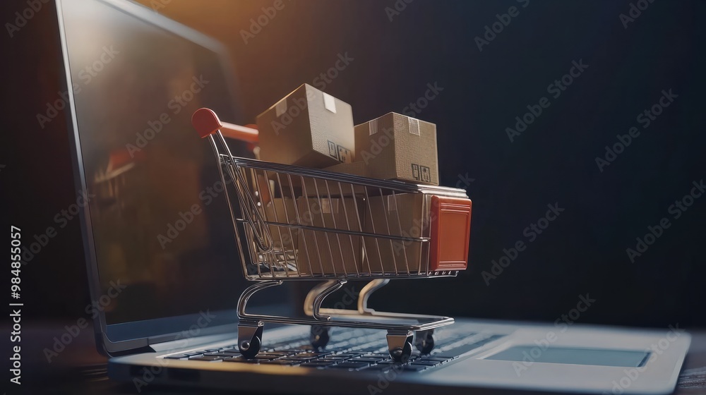 Small shopping cart filled with boxes, standing on a laptop PC. Concept of online shopping on black friday, spring sale, cyber monday. Shallow field of view. Small shopping cart filled with boxes, standing on a laptop PC. Concept of online shopping on black friday, spring sale, cyber monday. Shallow field of view.