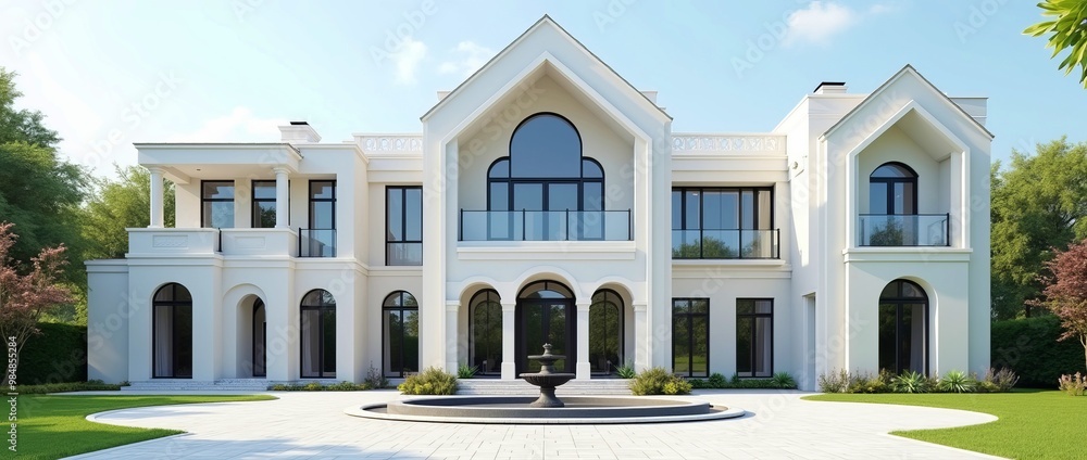 Modern luxury two-story white mansion with arched windows, balconies ...