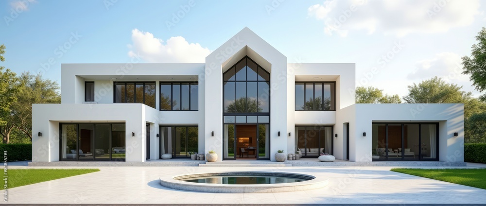 Modern Villa, Luxurious two-story white mansion with a fountain against the backdrop of a green lawn and well-kept landscape, modern architecture Modern Villa, Luxurious two-story white mansion with a fountain against the backdrop of a green lawn and well-kept landscape, modern architecture