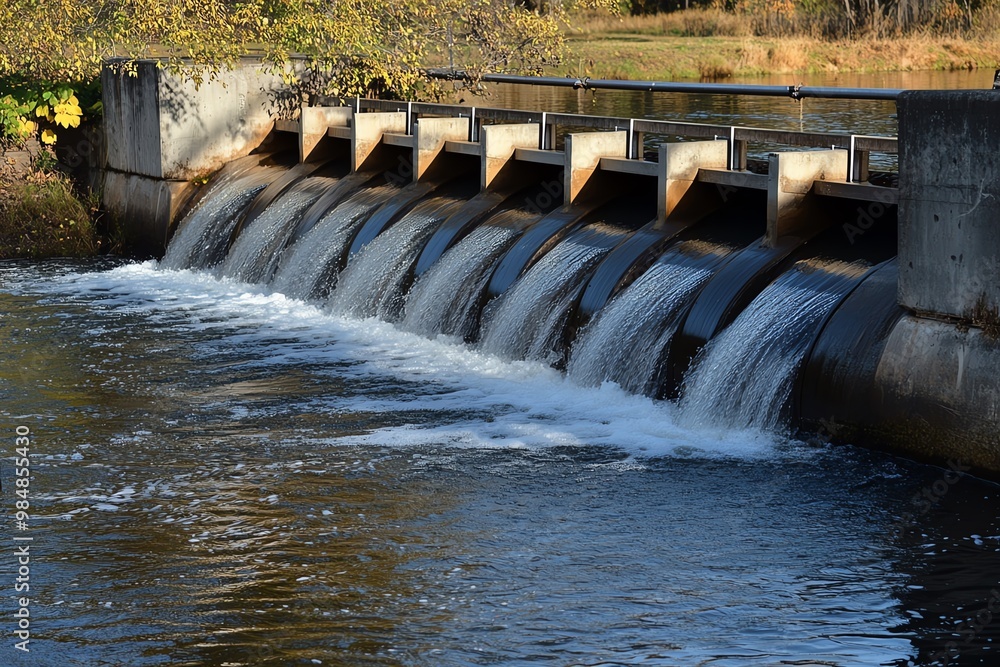 Scenic view of a small dam with cascading water surrounded by nature, ideal for environmental or energy-related projects and designs. Scenic view of a small dam with cascading water surrounded by nature, ideal for environmental or energy-related projects and designs.