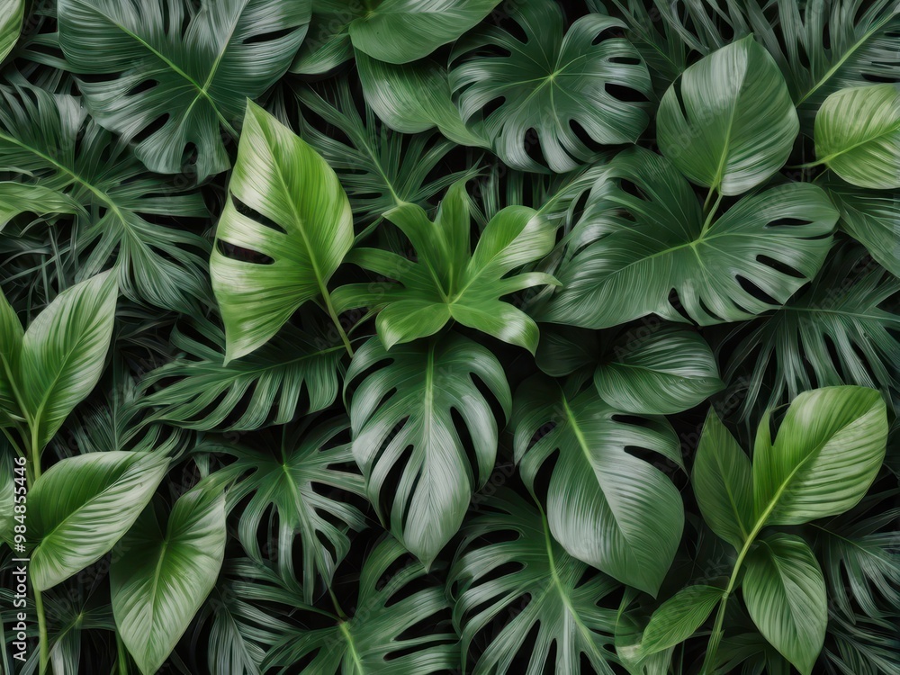 A lush arrangement of green tropical leaves, creating a vibrant and natural backdrop. A lush arrangement of green tropical leaves, creating a vibrant and natural backdrop.