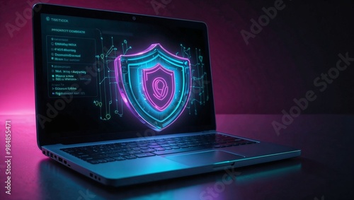 High tech laptop under neon lights with a protective shield for enhanced safety. Data protection internet security concept photo