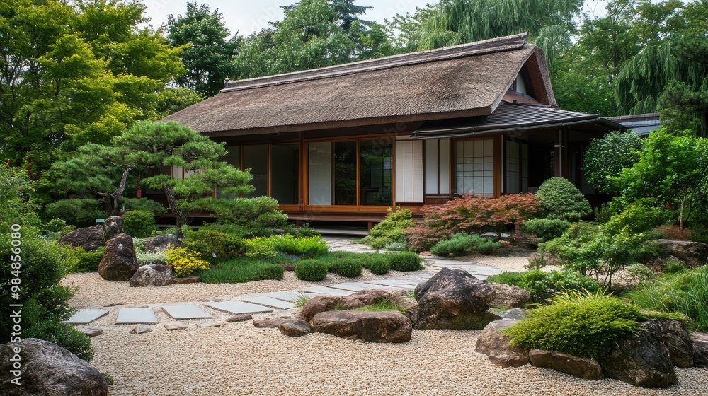 A Japanese-style house with a traditional thatched roof, wooden beams, and a small, private Zen garden with carefully arranged rocks and plants. A Japanese-style house with a traditional thatched roof, wooden beams, and a small, private Zen garden with carefully arranged rocks and plants.