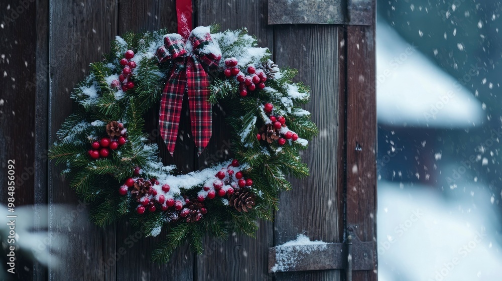 A rustic Christmas wreath made of pine branches, berries, and plaid ribbon, hanging on a snow-covered cabin door. A rustic Christmas wreath made of pine branches, berries, and plaid ribbon, hanging on a snow-covered cabin door.