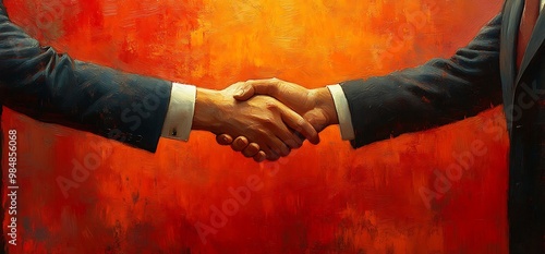 Two businessmen shaking hands in front of a red and orange background.