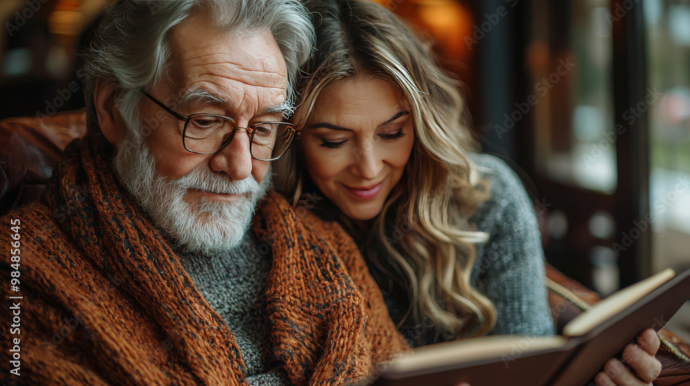A senior man and a young woman read a book together. A senior man and a young woman read a book together.