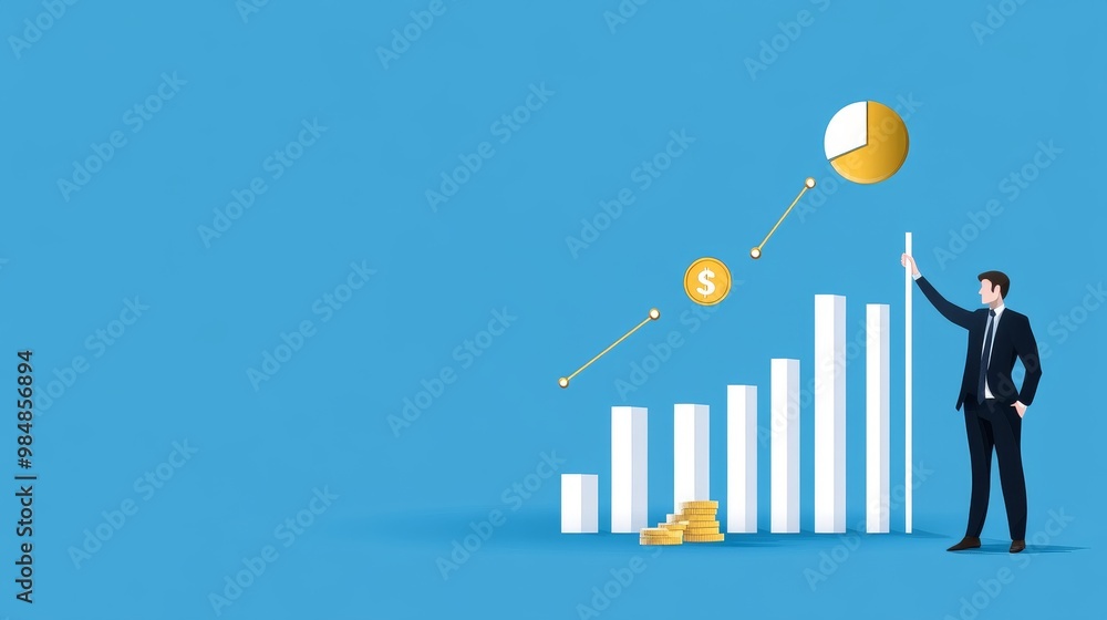 A businessman stands pointing at an upward trending financial chart representing growth, success, and achievement. The chart symbolizes progress, prosperity, and reaching financial goals. A businessman stands pointing at an upward trending financial chart representing growth, success, and achievement. The chart symbolizes progress, prosperity, and reaching financial goals.