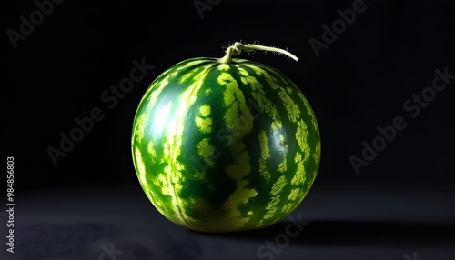 Vibrant watermelon with dark green stripes against a striking black backdrop photo