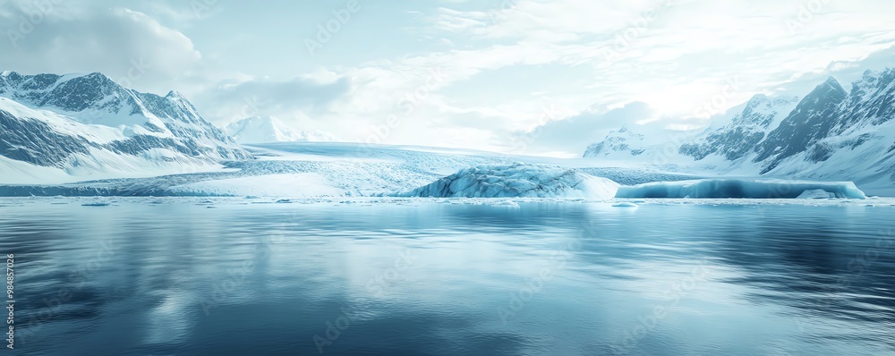 Panoramic view of Arctic landscape with icebergs, calm water, and snowy mountains under a cloudy sky. Panoramic view of Arctic landscape with icebergs, calm water, and snowy mountains under a cloudy sky.