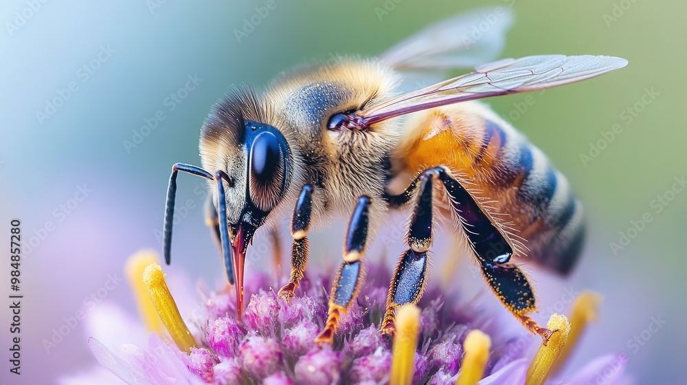 A macro image of a honeybee gathering nectar from a flower, with its fuzzy body and pollen-covered legs sharply in focus, showcasing its essential role in pollination. A macro image of a honeybee gathering nectar from a flower, with its fuzzy body and pollen-covered legs sharply in focus, showcasing its essential role in pollination.