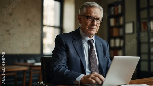 Older Businessman Using Laptop and Document