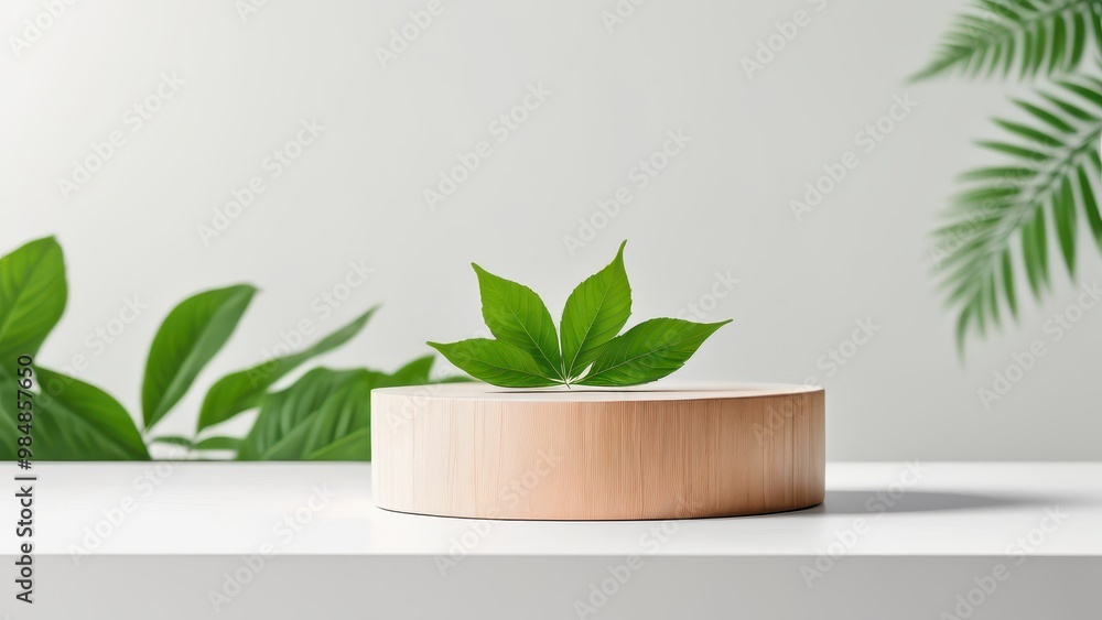 A minimalist display featuring a wooden base with a green leaf, emphasizing nature and simplicity. A minimalist display featuring a wooden base with a green leaf, emphasizing nature and simplicity.
