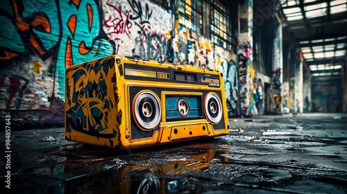 Yellow Boombox in a Graffiti-Filled Abandoned Building, Boombox, Graffiti, Abandoned Building photo