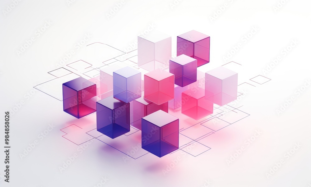 Abstract geometric design with translucent cubes in pink and purple hues, floating over a white background with thin blue lines. Abstract geometric design with translucent cubes in pink and purple hues, floating over a white background with thin blue lines.