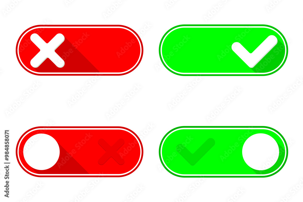 Set of Green On check mark and Red Off X mark toggle switch buttons icon symbol. Flat vector illustration Set of Green On check mark and Red Off X mark toggle switch buttons icon symbol. Flat vector illustration