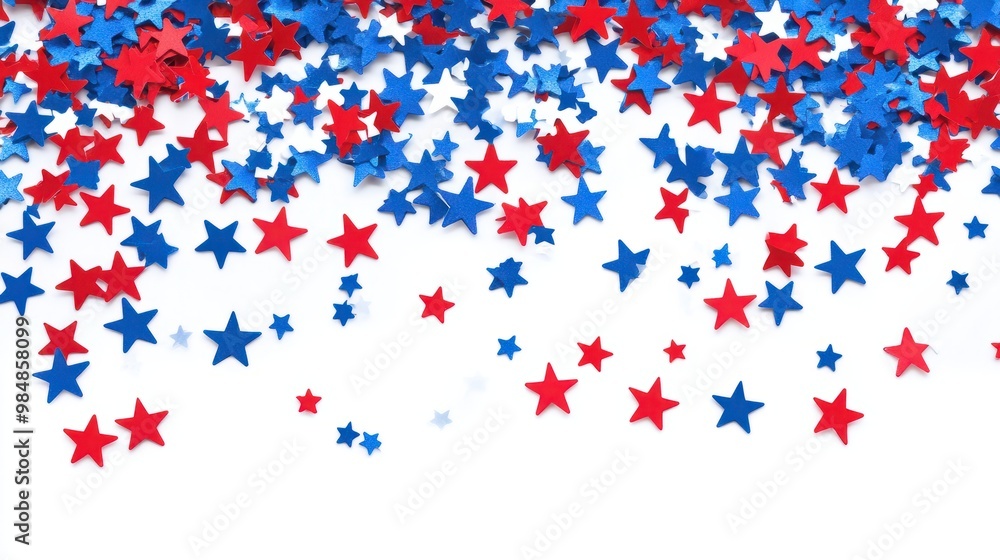 4th of July American Independence Day. Red, blue and white star confetti decorations on white background. Flat lay, top view, copy space transparent background 4th of July American Independence Day. Red, blue and white star confetti decorations on white background. Flat lay, top view, copy space transparent background