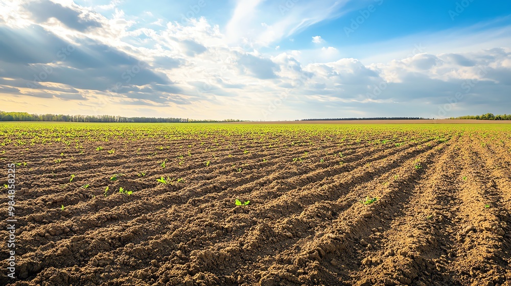 Plowed agricultural field under a blue sky with clouds. Ideal for themes of farming, nature, and agriculture.
