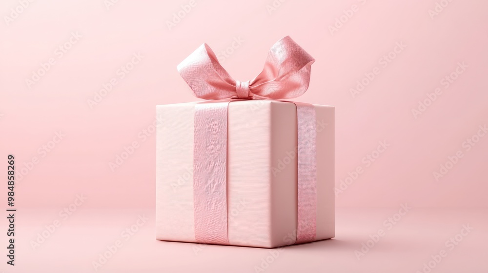 Obraz premium A beautifully wrapped gift box with a satin ribbon, positioned at the golden ratio point in front of a soft pastel pink background transparent background